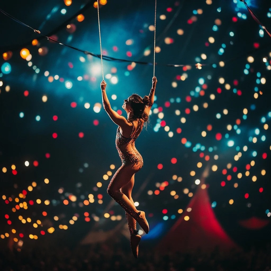 Aerial artist on the trapeze under the lights of the big top